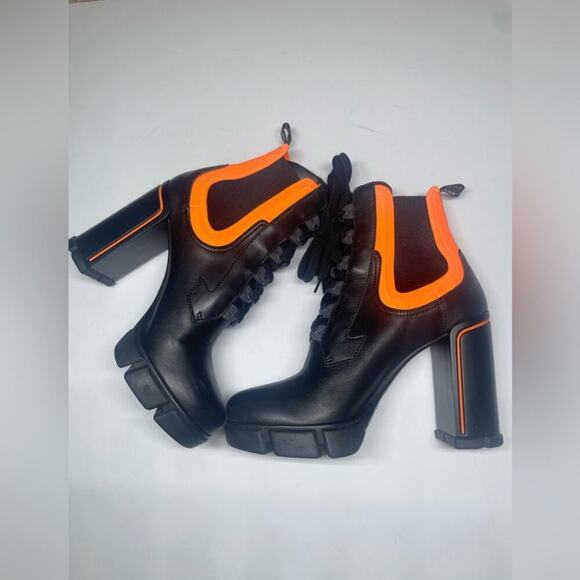 Prada Neon Orange Black Leather Neoprene Lace Up Chelsea Ankle Boot EU 41.5 - Picture 6 of 15